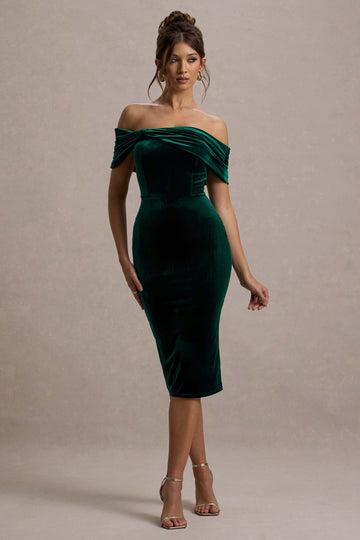 Snowflake Bottle Green Velvet Bardot Bow Detail Midi Dress